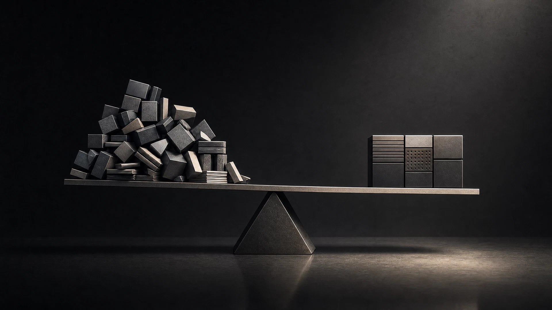 A sculptural balance of modular data elements representing the operational weight of manual reporting.